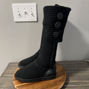 UGG Australia Womens Size 6 Classic Cardy Knit Sweater Boots Black Tall 5819